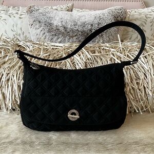 VERA BRADLEY Black Microfiber Tifton Post Shoulder Bag Quilted Zipper East West